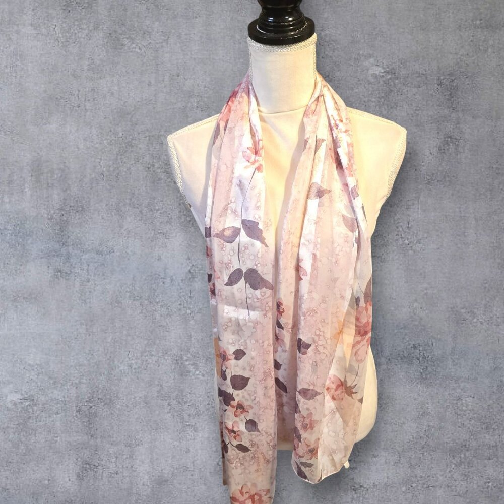 Korean Dress Scarf in Pastel Pink with Purple and‎ Orange Leaves - NWOT - Picture 2 of 5